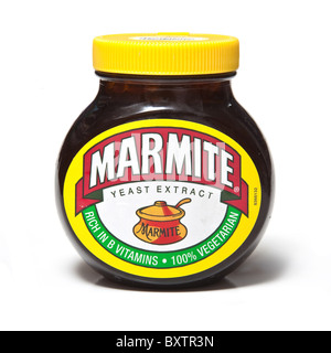 Jar of Marmite yeast extract spread isolated on a white studio background. Stock Photo