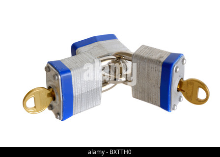 Three locked padlocks isolated on white background Stock Photo