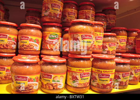 Imported Polish food jars for sale on the shelf of a Polish food shop in West London, UK. Stock Photo