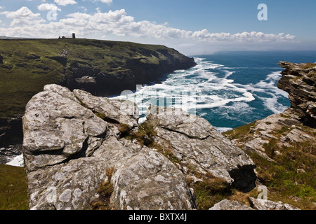 View from Tintagel Castle towards the Church of St Materiana on Glebe cliff, Cornwall, England Stock Photo