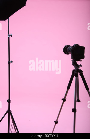 Pink or carnation backdrop in a photographic studio with a camera on a tripod and light. Stock Photo