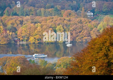 Tour Boat on Lake Windermere in Autumn, Cumbria, England Stock Photo