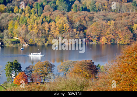 Tour Boat on Lake Windermere in Autumn, Cumbria, England Stock Photo