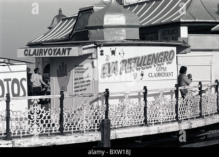 Booth of Eva Petulengro, Gypsy fortune teller, on the pier at Brighton beach, East Sussex, England. Shot in 1982 on  Tri-X 400. Stock Photo