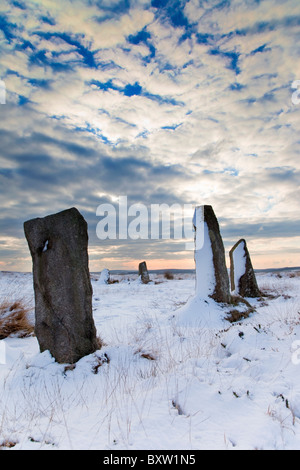 Nine Maidens stone circle in the snow; Cornwall Stock Photo