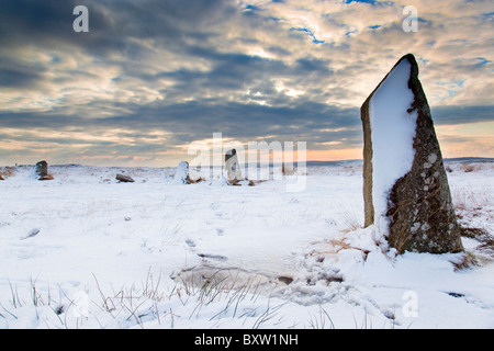 Nine Maidens stone circle in the snow; Cornwall Stock Photo