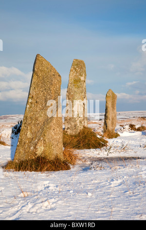 Nine Maidens stone circle in the snow; Cornwall Stock Photo