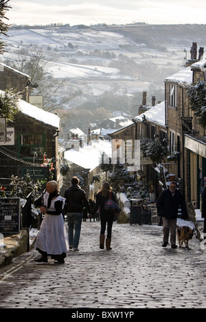 The Main Street of Haworth, West Yorkshire, home of the Bronte sisters, in winter Stock Photo