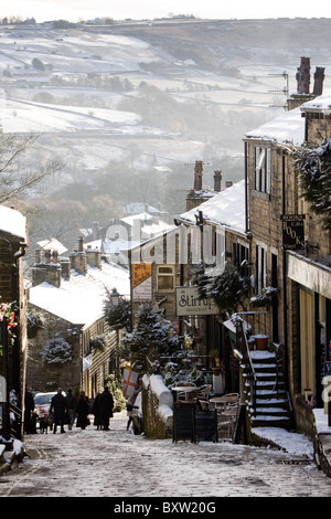 The Main Street of Haworth, West Yorkshire, home of the Bronte sisters, in winter Stock Photo