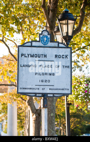 Sign marking the location of Plymouth Rock where pilgrims landed in 1620 in Plymouth Massachusetts Stock Photo