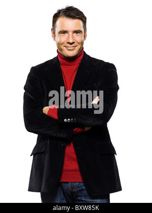 caucasian handsome man portrait smiling cheerfull seductor arms crossed studio portrait on isolated white backgound Stock Photo