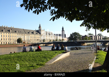 Wroclaw University seen from Wyspa Slodowa (Slodowa Island) on the Odra river in Wroclaw, Lower Silesia, Poland. Stock Photo