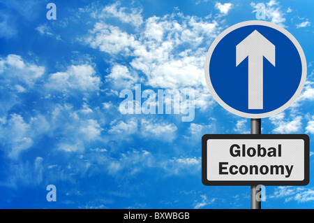 Photo realistic metallic, reflective 'global economy growth' sign, with space for text overlay Stock Photo