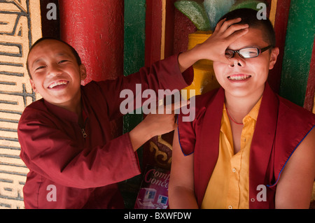 joking young Tibetan-Sherpa monks having fun at a monastery at Bodhnath in Kathmandu, Nepal Stock Photo