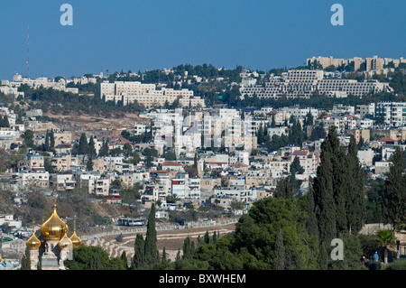 A view of Jerusalem, with the gold domes of the church of St. Mary Magdalene in the foreground. Stock Photo