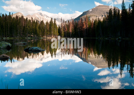 Reflection of a mountain on Nymph Lake in Rocky Mountain National Park Stock Photo