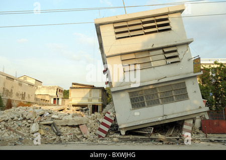 Buildings are devastated in central Port au Prince after the Haiti earthquake Stock Photo