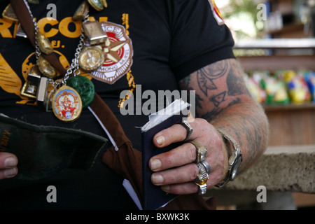 The tattoos of an American Vietnam war veteran, on the Thai Cambodian border in Poipet Stock Photo