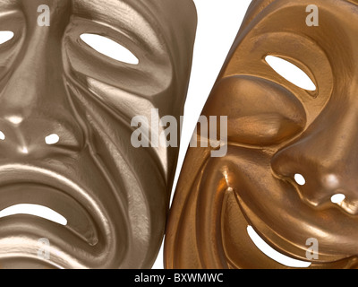 Comedy and Tragedy masks shot tight and isolated on white. Stock Photo