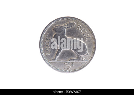 Reverse side showing hare of a pre decimal Irish 3d, or three pence, coin from the 1950s. Stock Photo