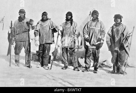 Robert Falcon Scott and members of his Terra Nova Expedition of 1910 - 1913 at the South Pole in Antarctica in January 1912. Stock Photo