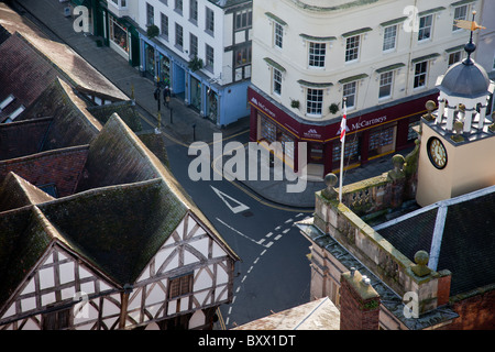 Looking down on Broad Street and the Buttermarket, Ludlow, Shropshire Stock Photo