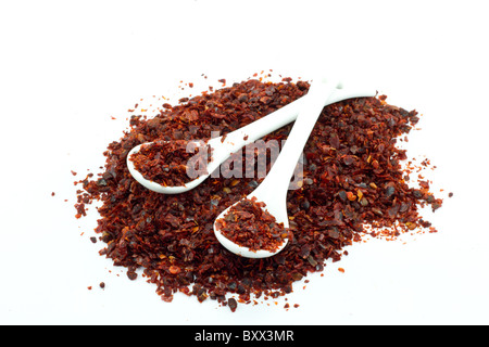 pile of Hot Red Chilli Chillies pepper, dried and crushed. Stock Photo