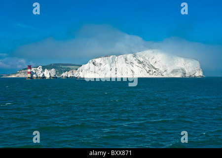 The Needles and Needles Lighthouse at the western end of Isle of Wight in Southern England Stock Photo