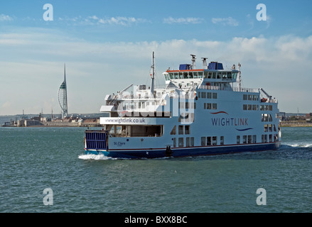 Wightlink ferry St. Clare in the Solent en route to Fishbourne from Portsmouth in England with Millennium Tower left. Stock Photo