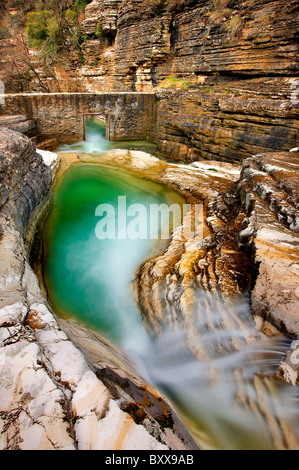 A natural pool, called 'Kolymbithres' or 'Ovidres' by the locals, close to Papingo village in Zagori region, Epirus, Greece Stock Photo