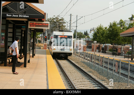 Light Rail Train approaching San Jose Diridon Station, California Stock Photo