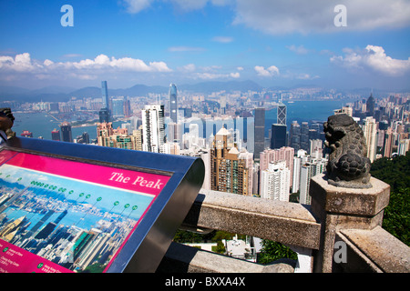 The amazing Hong Kong skyline as seen from The Peak lookout in the day, blue sky, clear summer day Stock Photo