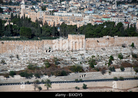 The walls of Jerusalem seen from the Mount of Olives. Stock Photo