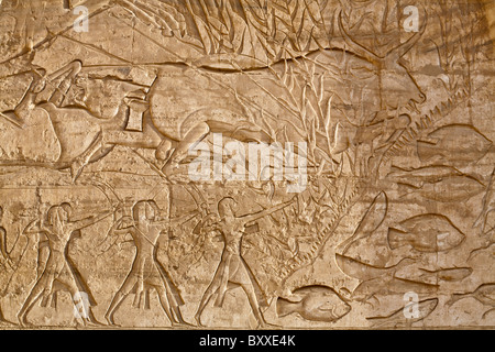 Relief of Ramesses III hunting in marshes on back of first pylon at Medinet Habu, West bank, Luxor, Egypt Stock Photo