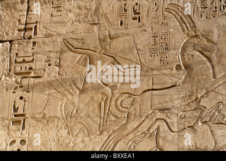 Relief of Ramesses III hunting in marshes on back of first pylon at Medinet Habu, West bank, Luxor, Egypt Stock Photo