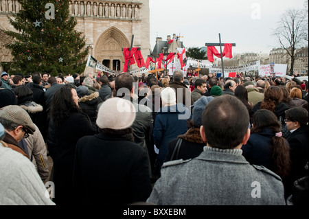 Paris, France, Large Crowd People, Coptic Christians Demonstrating Rally at Notre Dame Cathedral, After Terrorist Attacks in E-gypt, From Behind, different cultures politics religion, Christian ACTIVISM Stock Photo