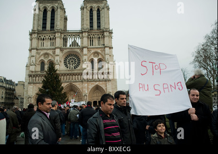 Paris, France, Large Crowd People, Protesting, Terrorism, Coptic Christians Demonstrating at Rally, 'Notre Dame Cathedral', Terrorist Attacks in E-gypt, Holding protest Sign  in French 'Stop Blood' Stock Photo