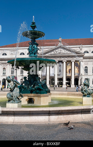 Bronze fountain in Rossio Square, Lisbon Portugal Stock Photo