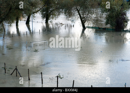 Tiber river full high water in Ponte Milvio bridge raining Rome Italy Italian Europe European autumn winter Stock Photo