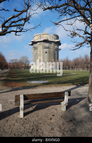 A WW2 Flak tower (the Flakturm VII G-tower) built by the Luftwaffe in Augarten park, Vienna, Austria. Stock Photo