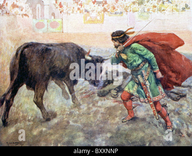 Pepin the Short  was  first king of the Franks of the Carolingian Dynasty, once proving his strength by killing lion and bull. Stock Photo