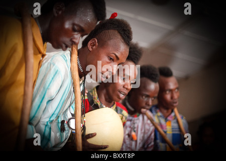 In the town of Djibo in northern Burkina Faso, Fulani 'doohoobe' (people who sing 'doohaali') dance in traditional fashion. Stock Photo