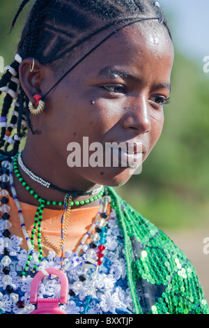 Young Fulani woman in the seasonal village of Bantagiri in northern Burkina Faso.  The Fulani are nomadic pastoralists. Stock Photo