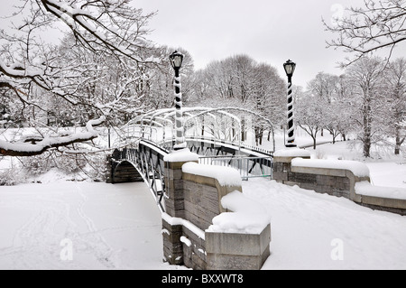 The snow on Washington Park historic bridge in Albany, New York. Stock Photo