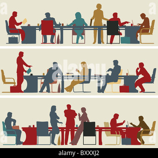 Set of three illustrated foreground silhouettes of colorful business meetings Stock Photo