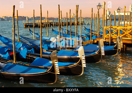 Gondolas in the early morning sun - Vnice Italy. Stock Photo