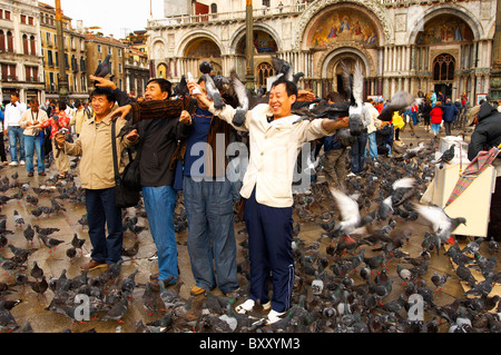 Oriental tourists feeding pigeons in St Marks Square - Venice Italy Stock Photo