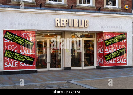 Sale signs in shop windows Stock Photo