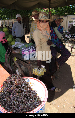 Spiders, a popular snack in Cambodia, for sale in Skuon. Stock Photo