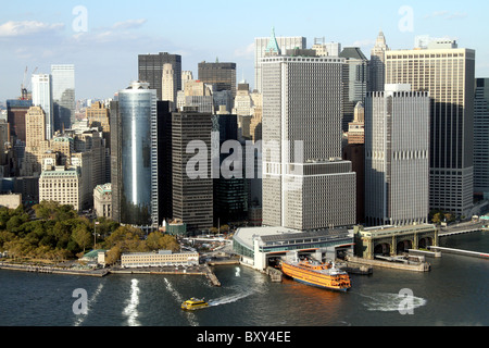 Aerial view of New York City skyline and downtown financial district and Battery Park and Staten Island Ferry Terminal New York Stock Photo
